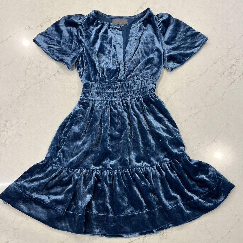 Anthropologie Somerset Mini Dress Velvet Smocked Waist Short Blue Pockets XXS